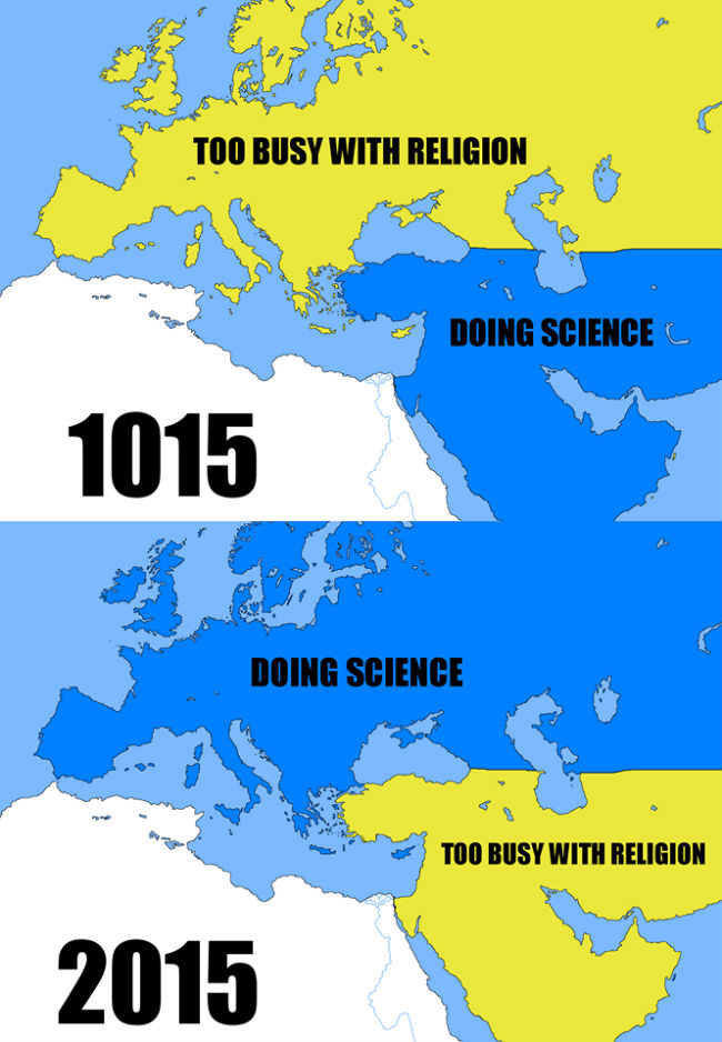 Image result for sarcastic maps comparing europe and middle east in regards of science and religion